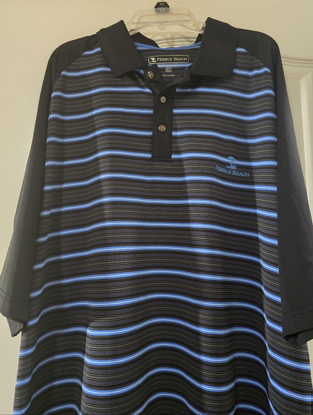 Pebble Beach Black Polo with Blue Stripes
